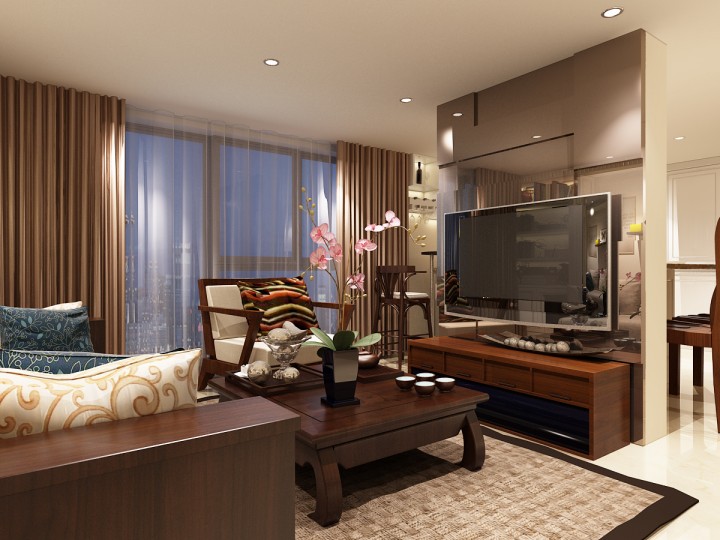 新中式风格，沉稳的色调打造富有韵味的住宅氛围。